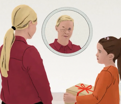Woman looking at herself in the mirror with a swollen eye, her daughter is looking at her